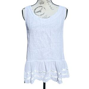 Valentina -1622 Naldi Italian Linen Eyelet‎ Ruffle Hem Sleeveless Blouse White S